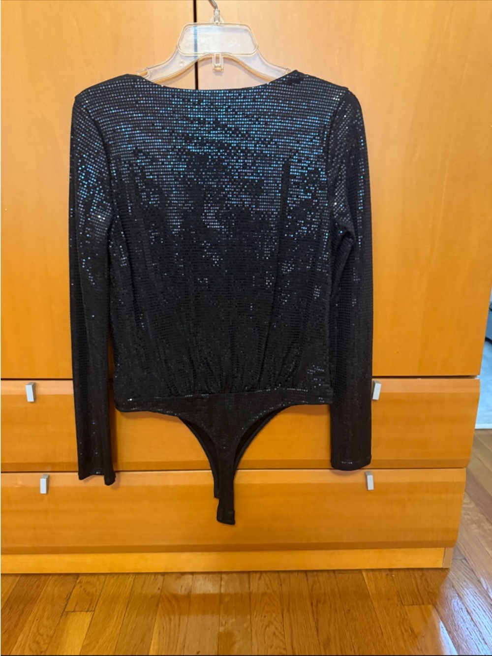 GUESS Black Sequin Wrap-Front Long Sleeve Bodysuit - Picture 2 of 3
